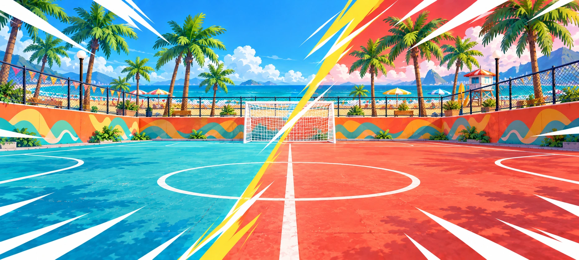 Quadra de futsal azul ao ar livre na praia, com palmeiras e o mar ao fundo.