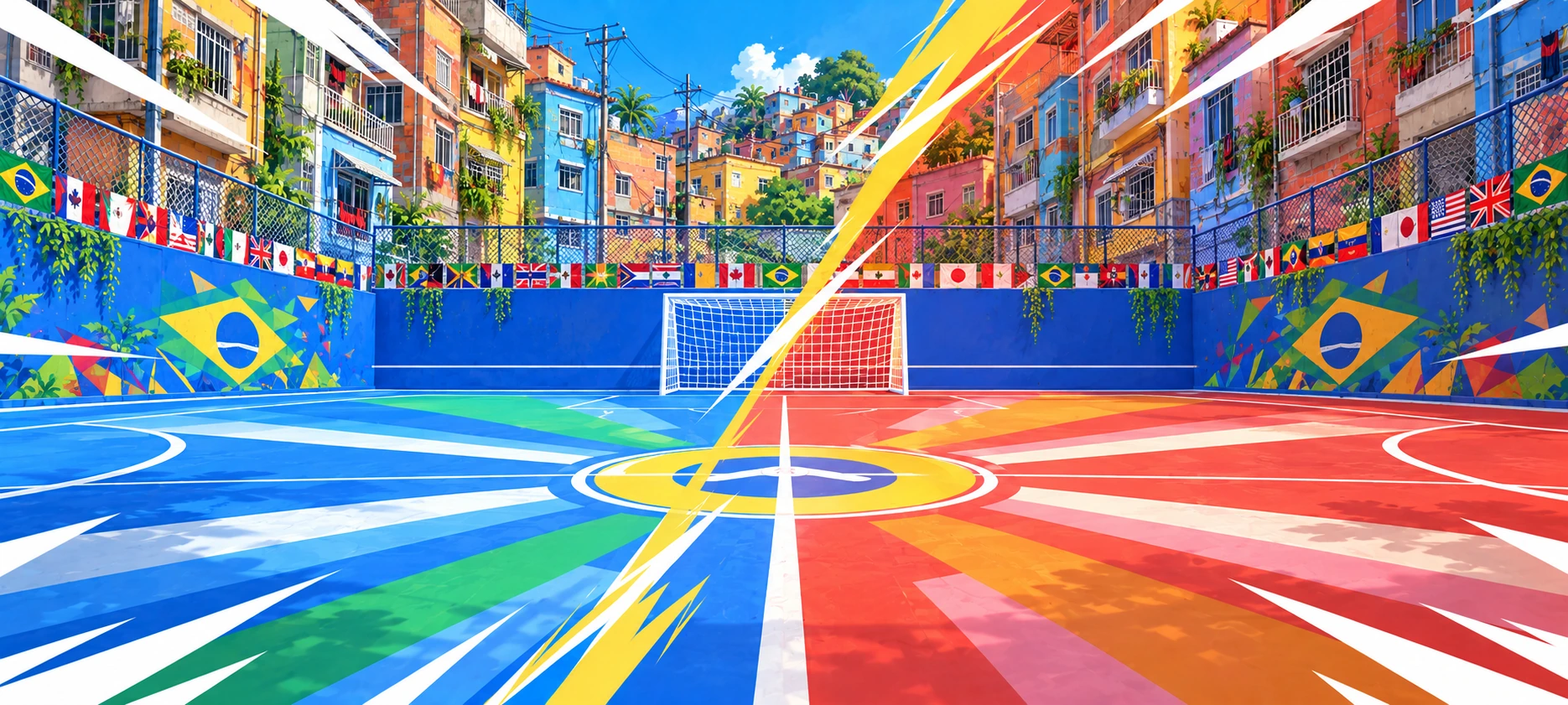 Quadra de futsal azul entre casas coloridas de um bairro brasileiro e palmeiras.