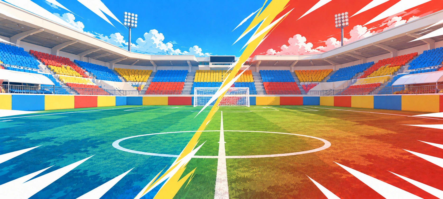 Quadra verde dentro de um estádio com assentos azuis, vermelhos e amarelos.