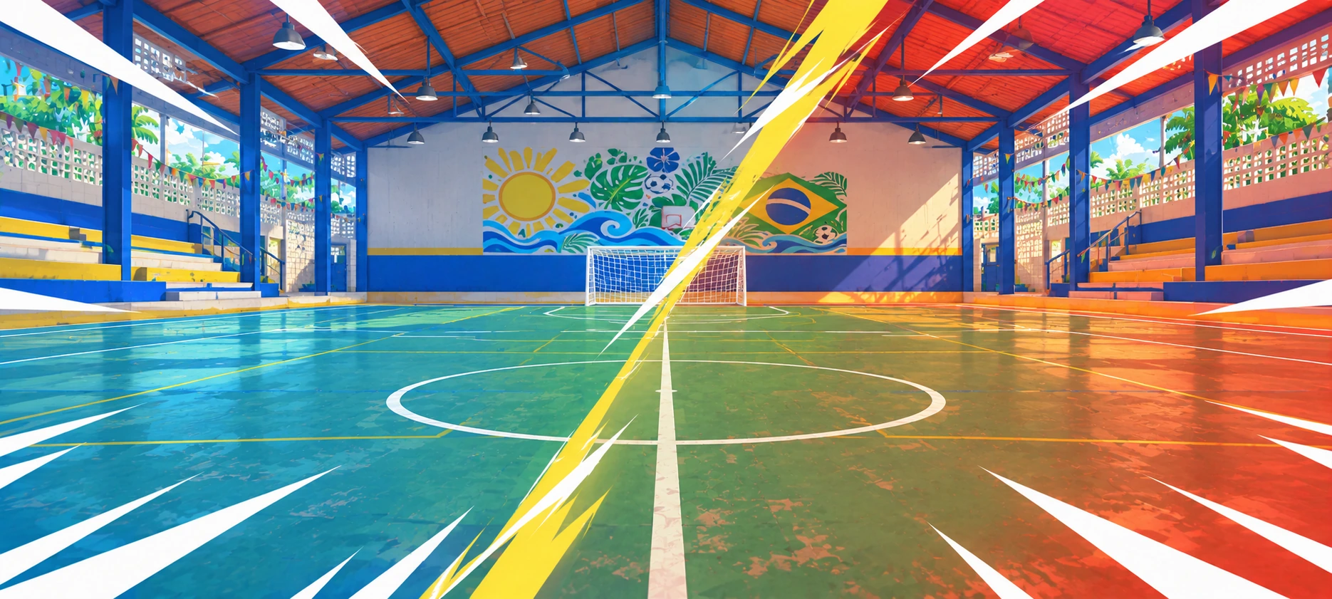 Ginásio escolar coberto de futsal, com marcações na quadra e um gol.