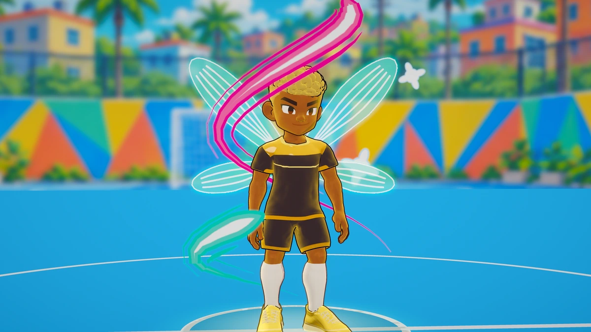 Jogador de SmashFoot usando uniforme preto e dourado, chuteiras douradas e uma aura cosmética colorida.