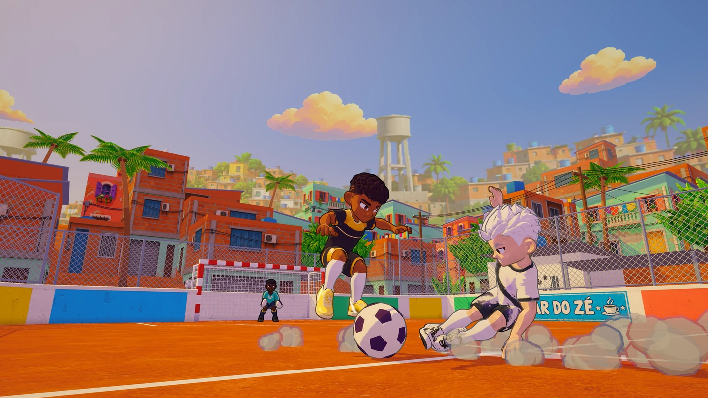 Kaio com o uniforme preto e dourado pulando sobre um adversário que dá um carrinho numa partida de SmashFoot.