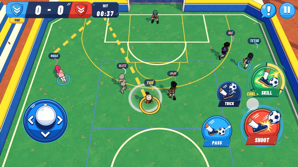 A curved aiming line from the player toward the school gym goal.