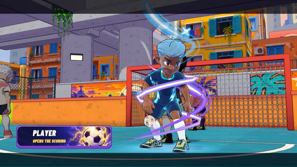 An in-game goal celebration with the scorer card and electric aura.