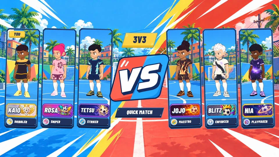 The 3v3 versus screen with six footballers and their playstyles.